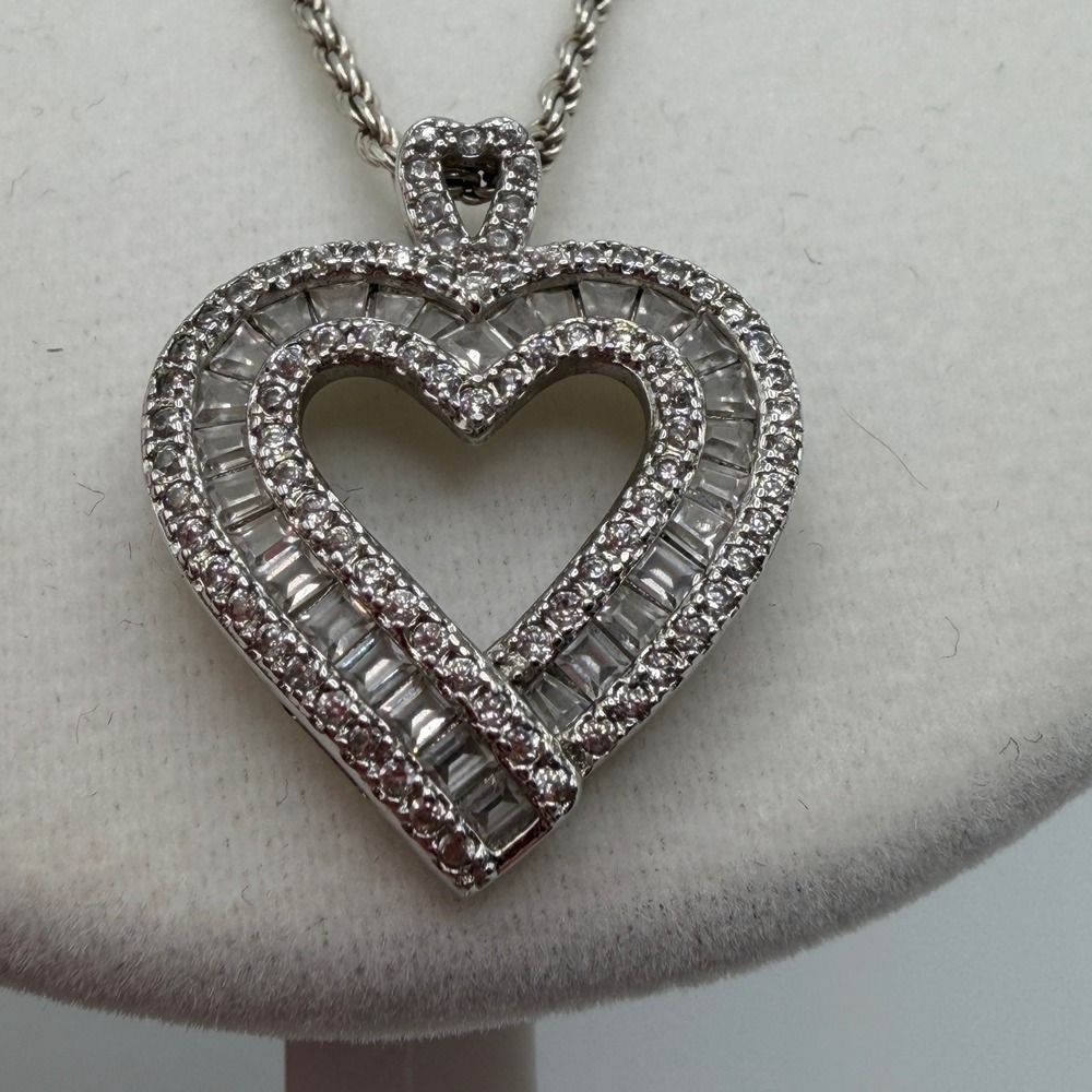 Sterling Silver 925 Italy Rope Chain‎ CZ Openwork Heart Pendant Necklace 925